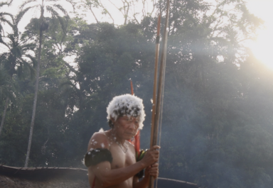 Frame de filme em que um homem indígena segura um arco-e-flecha, com a cabeça coberta de penas brancas, diante de uma paisagem de floresta.